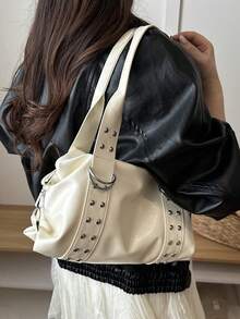 Women's Glossy Solid Color Rivet Handbag, Retro Patent Leather Shoulder Bag, Large Capacity Briefcase, Daily Commuting Bag, Banquet - White - View 6