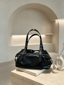Casual Maillard Vintage Underarm Bag, Stylish Large Capacity Tote Bag For Work And Commuting - Black - View 5
