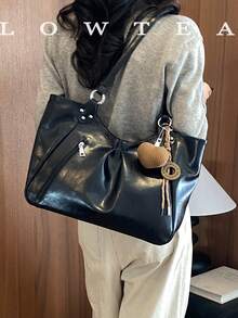 low tea 1pc Minimalist Fashion PU Fabric Shoulder Tote Bag, Suitable For Commuting, Shopping, Etc. (With Pendant) - Black - View 6