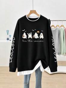 Plus Size Women's Halloween 2-In-1 Patchwork Sweatshirt, Cute Ghost Pumpkin Letter Print Crew Neck Long Sleeve Loose Pullover, Autumn - Black - View 8