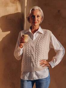 NZZOF Women's Cable Knit V-Neck Chunky Knit Vest (Shirt Not Included) - Apricot - View 5