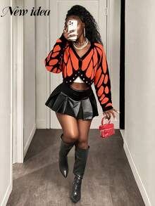 NEW IDEA Women's Casual Y2K Black And Orange Color Block Fall Winter Cardigan, V Neck Button Cropped Knit Sweater For Daily, Going Out, Date & Party - Black - View 7