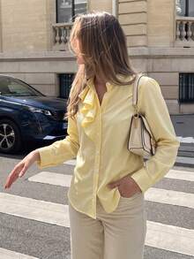 SwallowLucky Women's Solid Color Button Front Ruffle Trim Long Sleeve Blouse Elegant Casual Shirt For Spring Autumn Work Vacation Daily Wear - Yellow - View 5