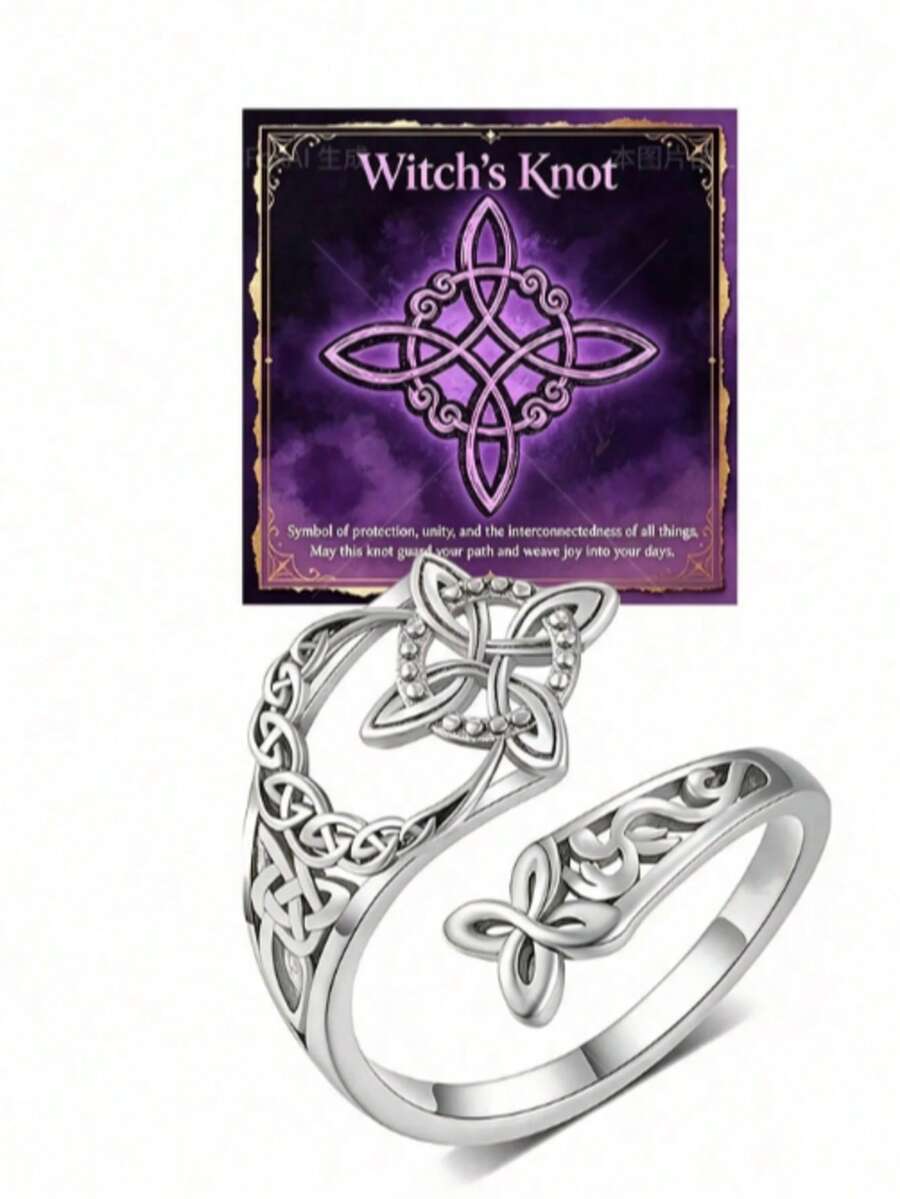 1pc Vintage Celtic Knot Ring For Women, Bohemian Witch Protection Knot Eternal Symbol, Adjustable Silver Color Stackable Index Finger Ring Gift - Multicolor - View 1