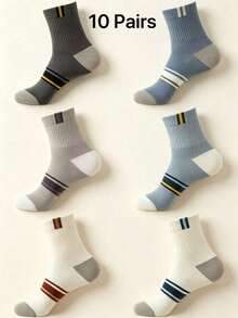 Gift Box Men's Multi-Color Contrast Stripe Ribbed Cuff Cotton Sweat-Absorbent Breathable Casual Sports Mid-Calf Socks For Daily Commute - Multicolor - View 6