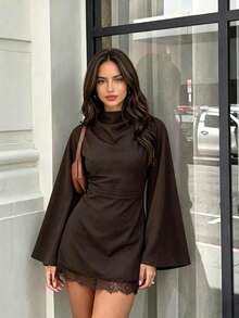 Women's Autumn Waist Pleated Slim Fit Flare Sleeve Dress, Suitable For Party, Gathering, Fallfashion, Shortgirlproblems - Brown - View 6