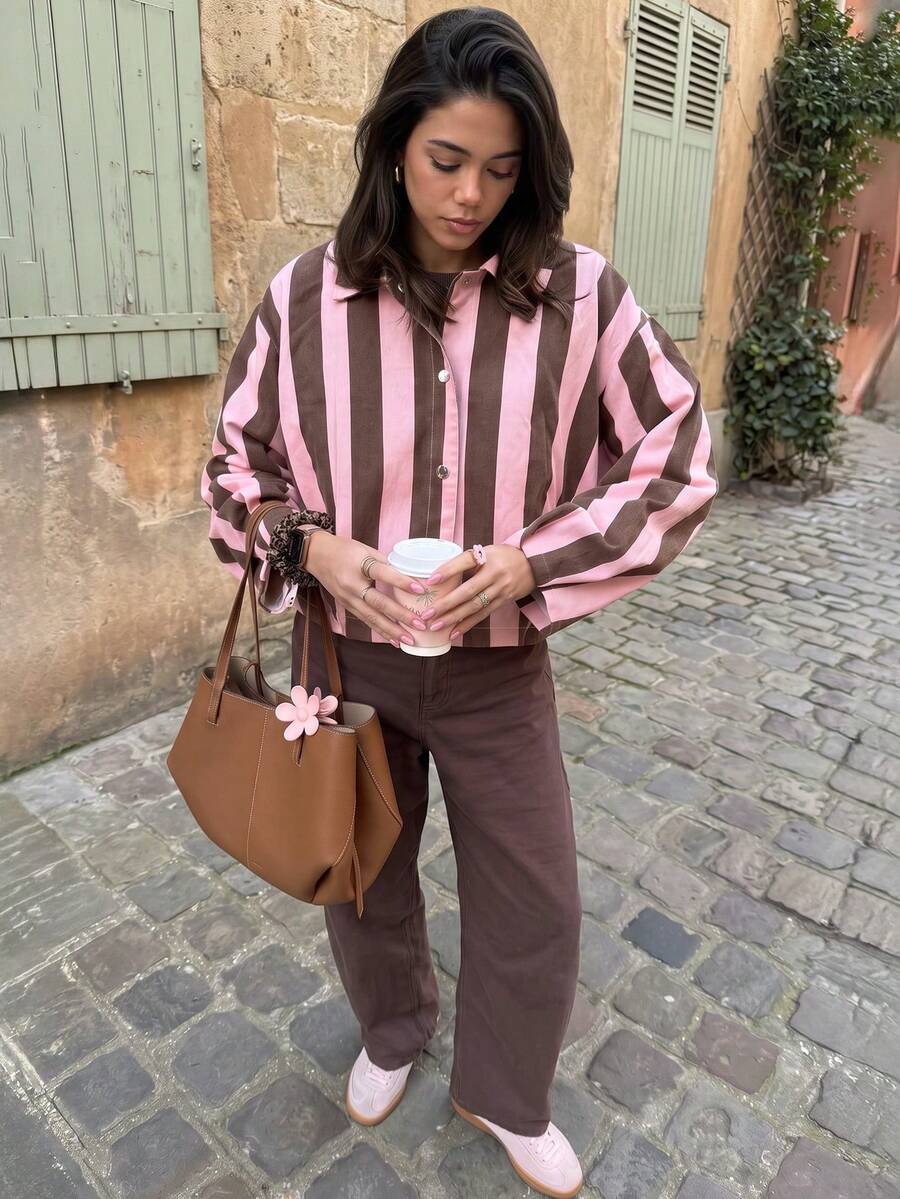 Women's Vertical Striped Loose Shacket, Lapel Long Sleeve Button-Up Casual Outerwear, Y2K Street Style Outing Jacket - Pinkish Brown - View 1