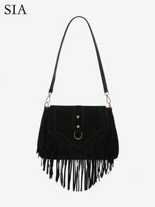 1pc Women's Vintage Autumn/Winter New Hippie Style Faux Suede Rivet Tassel One Shoulder Bag, Suitable For Outing, Dating, Commuting, Shopping - Black - View 1