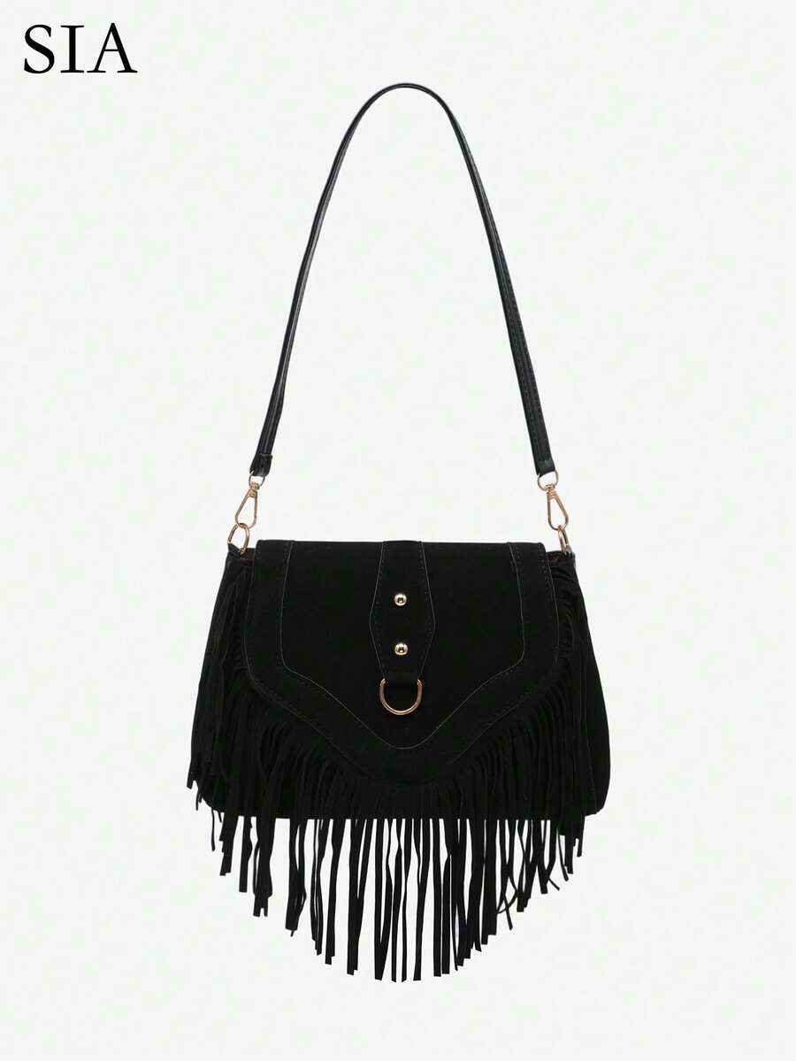 1pc Women's Vintage Autumn/Winter New Hippie Style Faux Suede Rivet Tassel One Shoulder Bag, Suitable For Outing, Dating, Commuting, Shopping - Black - View 1