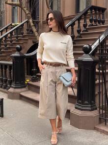 2026 Autumn/Winter New Colorblock Half-High Neck Cable Knit Sweater For Women, Soft Style, Slim Fit, Flattering, Pocket Design, Vintage Commuter Inner Layer, Long Sleeve Top, Petite Versatile Pullover Knit Sweater - Apricot - View 3