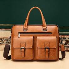 Maletín de Cuero para Hombre, Bolsa de Oficina con Compartimentos y Bandolera Ajustable - Caqui - Ver 4