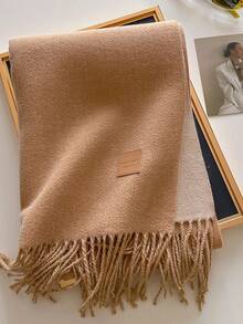 1pc Solid Color Faux Leather Label Tasseled Thick Scarf 65*190cm, Polyester Wool Blend, Fall Winter Shawl For Travel Party Outing, Wear As Scarf Shawl - Multicolor - View 36