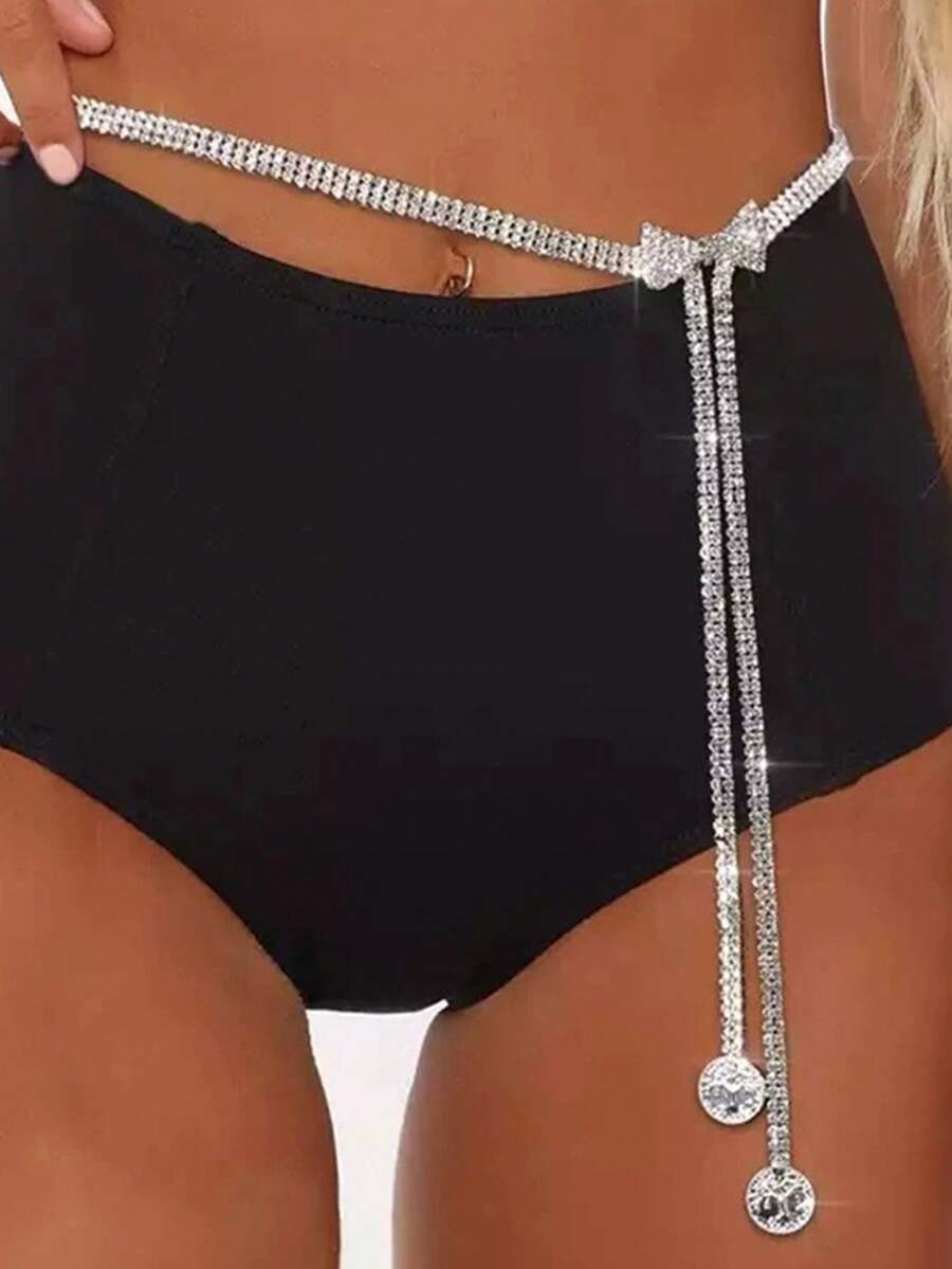 1pc Fashionable Elegant Rhinestone Bow Waist Chain Sexy Shiny Women Body Chain Halloween Party Dance Accessory - Silver - View 1