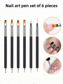 6pcs Black #7 Nail Art Brush Set, Single Nail Decoration Tools, Multi-Function Nail Art Set, Suitable For Detailed Design, Gel Nail Polish Brushes, Nail Beauty Tools - Black - View 1