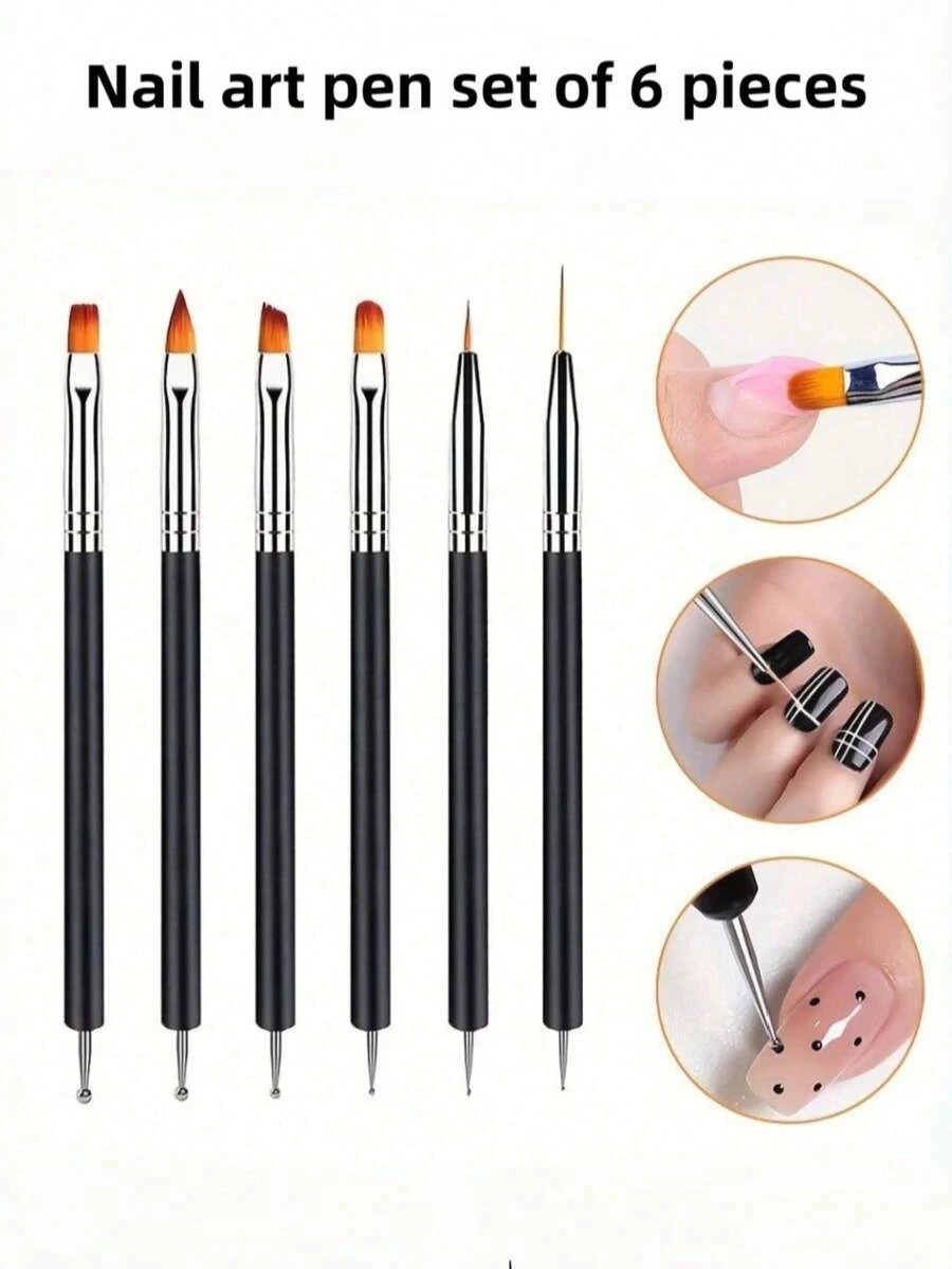 6pcs Black #7 Nail Art Brush Set, Single Nail Decoration Tools, Multi-Function Nail Art Set, Suitable For Detailed Design, Gel Nail Polish Brushes, Nail Beauty Tools - Black - View 1