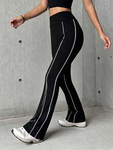 Hidkat Women's Solid Color High Waist Letter Yoga Casual Sports Knit Long Pants - Black - View 3