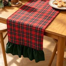 1pc Vintage Plaid Rectangular Table Runner With Ruffle Hem, Holiday Table Decor, Suitable For Christmas Party And Family Gathering - Red - View 8