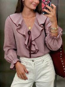 Women's New Autumn Y2K Fashion Retro Plaid Ruffle Trim Blouse, Long Bell Sleeve Ruffle Collar Top, Fall Outfit For Women, Suitable For Daily Wear, Halloween, Back To School, School Dance, Date, Dinner And Various Occasions - Multicolor - View 1