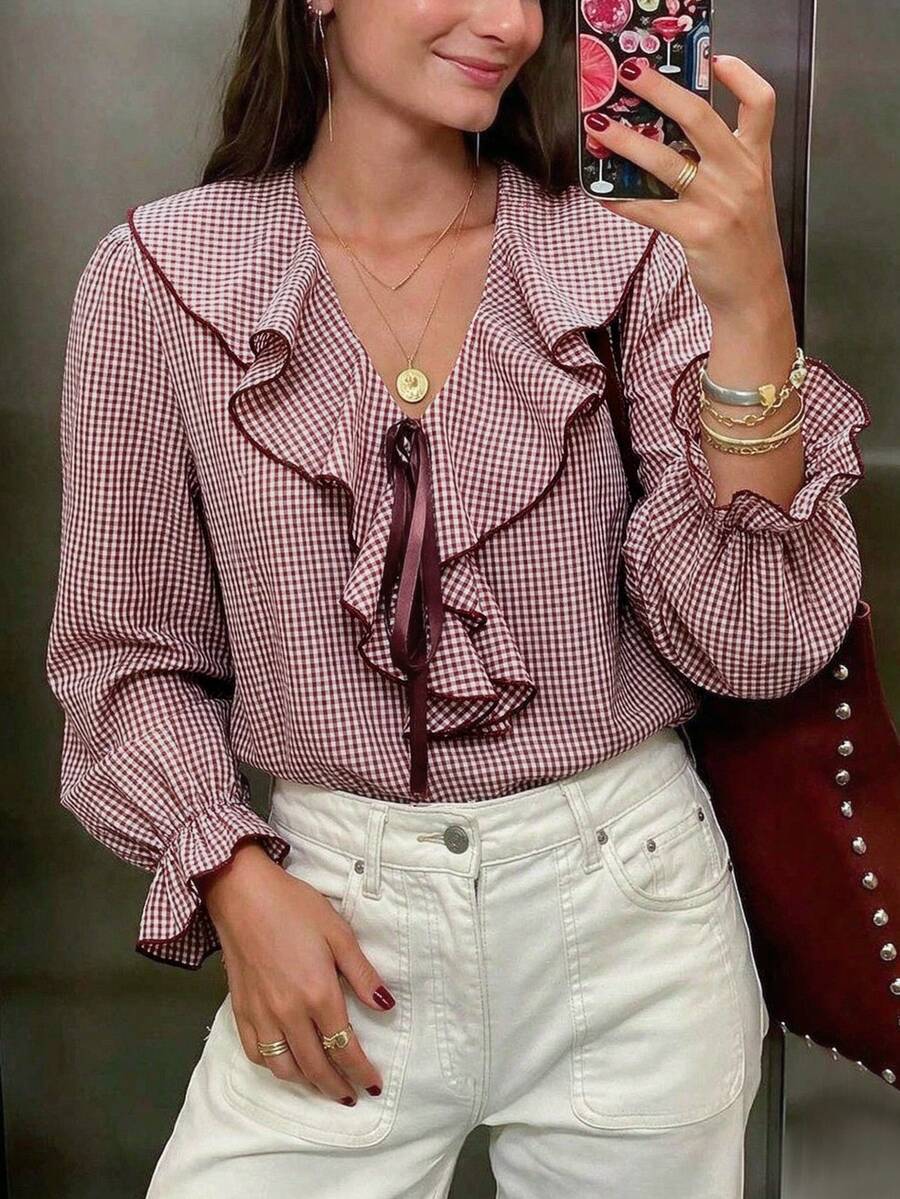 Women's New Autumn Y2K Fashion Retro Plaid Ruffle Trim Blouse, Long Bell Sleeve Ruffle Collar Top, Fall Outfit For Women, Suitable For Daily Wear, Halloween, Back To School, School Dance, Date, Dinner And Various Occasions - Multicolor - View 1