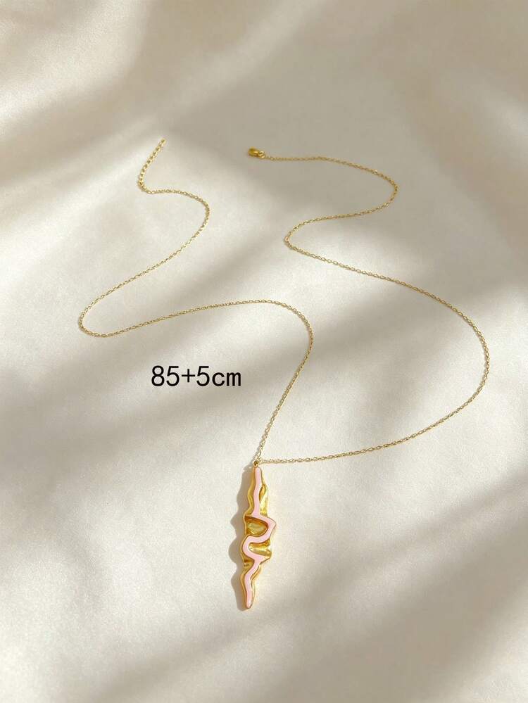 1pc Stainless Steel Asymmetrical Abstract Fluid Geometric Pendant With Pink Enamel Long Necklace, Women Sweater Chain, Suitable For Daily Decoration - Gold - View 6