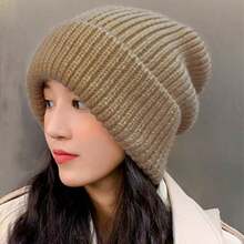 1pc Women Thick Knit Multi-Color Beanie Hat, Korean Style Warm Loose Fit Ear Protection Knitted Cap, Versatile For Autumn/Winter,Summer,Beach - Black - View 5