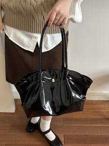 New Soft Leather Large Capacity Tote Bag For Classroom Commuting Handheld, Unique Design Single Shoulder Underarm Bag - Black - View 3