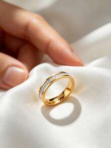 1pc Stainless Steel Rotating Double Ring Square Zirconia Lucky Spinner Ring - Gold - View 9