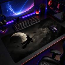 1pc Full Moon Flying Witch Raven And Misty Forest Extended Gaming Mouse Pad, Large Computer Desk Mat For Gamers And Home Office, Black Gray Gothic Halloween Decor - View 1