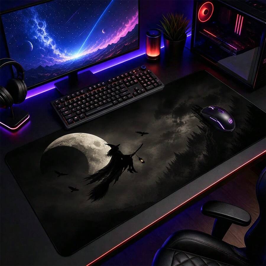 1pc Full Moon Flying Witch Raven And Misty Forest Extended Gaming Mouse Pad, Large Computer Desk Mat For Gamers And Home Office, Black Gray Gothic Halloween Decor - View 1