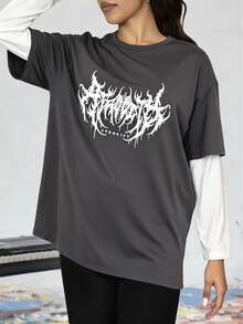 Kaos Wanita Lengan Panjang Patchwork Motif Petir Gaya Retro Punk Rock, Kasual 2 In 1 - putih keabu-abuan - View 4
