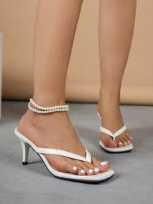 Minimalist Women's Square Toe Thong Sandals, Slip-On Stiletto High Heel Daily Wear Shoes - White - View 2