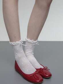 Sweet Polka Dot Mid-Calf Socks, Ruffle Cuff Satin Bow Decorated Slouch Socks, Spring/Summer Thin Breathable Cotton Socks, Korean Ballet Style Girl Socks, Macaron Sweet Girl Style, Suitable For Mary Jane Flat Leather Shoes - Multicolor - View 8