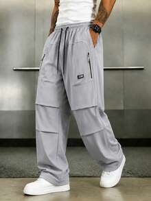 Men's Light Gray Drawstring Wide Leg Cargo Pants, White Contrast Trim Sporty Street Casual Long Pants With Zipper Pockets - Grey - View 2