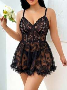 Plus Size Adjustable Strap Floral Lace Slip Nightgown, Sheer Mesh Ruffle Hem, Suitable For Honeymoon And Romantic Bedroom Night Scenes - Black - View 3