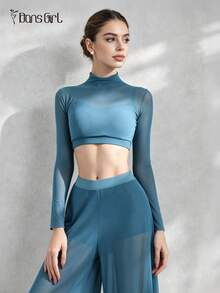 DonsGirl Women's High Neck Cropped Top & Ultra Soft Elastic Mesh Wide Leg Pants Set, 2-Piece, Suitable For Modern Ballet, Aerial Yoga And Daily Wear - Blue - View 7