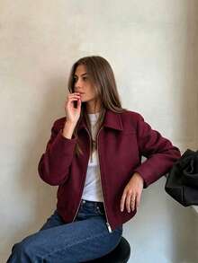 Lapel Short Jacket Top, European And American Style, Versatile Loose Fit, New Zipper Outerwear - Burgundy - View 2