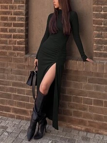 Fall Winter Women Solid Color Mock Neck Long Sleeve Maxi Dress, Ruched Side Slit Bodycon Dress For Evening Party Date Daily Vacation - Black - View 9