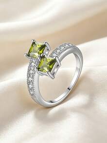 MONALLY Luxury Women's Bypass Open Ring Double Square Olive Green Cubic Zirconia Micro Paved Statement Jewelry Birthday Gift Band Daily Wear Party - Ring - View 8