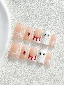 萬聖節主題 10 件組可愛風手工穿戴甲，Polygel 美甲套組，蜘蛛網、蜘蛛、幽靈圖案，紅白色美甲，甜美風，3 種尺寸可選，杏仁形、鴨嘴形、棺材形，適合派對、舞會、日常佩戴（手工細節可能有所不同） - 彩色 - 查看 17