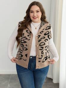 Plus Size Women's Winter New Leopard Print Knitted Vest Sleeveless Sweater With Hat - Multicolor - View 4