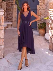 EVERPRETTY Fall Embroidered Appliques Wedding Guest V-Neck Sleeveless Midi High-Low Purple Formal Mother Of The Bride Dress For Wedding Anniversary - Purple - View 5