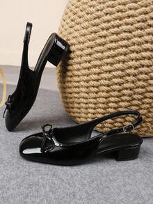 XBYASDF Women's Black Shiny Bow Backless Chunky Heel Pumps, Square Toe Buckle 3cm High Heel, Elegant Commute Comfortable Sandals - Black - View 3