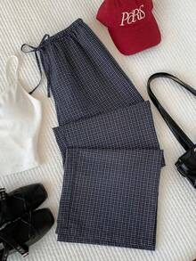 YI XUAN 2026 New Spring/Summer Fashion Women's Plaid Drawstring Waist Loose Long Pants, Suitable For Vacation Beach 2000s Style - Navy Blue - View 4