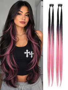 2pcs Gradient Color Clip-In Hair Extensions, Long Straight Gradient Hair Extensions With Clips, Suitable For Daily Wear, Party, Cosplay And Holiday Dress-Up - Multicolor - View 7