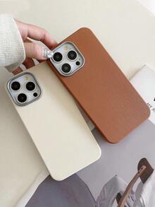 1pc 4-Color Optional Solid Color Lychee Texture Faux Leather Large Window Phone Case, Ins Premium Minimalist Business Solid Color Leather Texture, A Classic Black / B Beige White / C Premium Gray / D Caramel Brown, Faux Leather Matte Lens Raised Full Coverage Anti-Drop Soft Shell, Autumn/Winter Commute Versatile, Suitable For Personal Use And Gift; Compatible With IPhone Case & Galaxy Case, Compatible With IPhone 17 - Multicolor - View 4