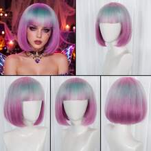 Multi‑Color Rainbow Short Straight Bob Synthetic Costume Wig For Women, Full Flat Bangs Sleek Bob Hair Wig, Multiple Color Choices, Perfect For Halloween, Carnival, Disco Party, Cosplay Role‑Play Dress‑Up Hair Accessory - Multicolor - View 19