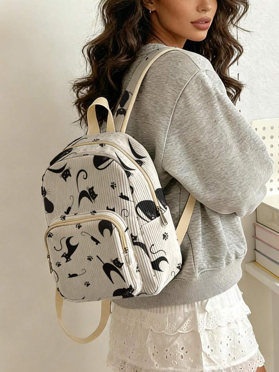 1PC Kitten‑Print Women Mini Backpack, Corduroy Girl School Bag, Travel Storage Bag, Large Capacity Foldable Lightweight Backpack, Multi‑Pocket Layered Design With Zipper Closure - Paw Print Kitten 401268 - View 1