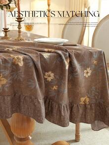 1pc Color Block Ruffle Edge Tablecloth, Floral Print, Autumn/Winter Vibe, Farmhouse Style, Suitable For Dining Table Decor, Picnic Tablecloth, Holiday Celebration, Party Gathering, Birthday Banquet, Daily Dining Table, Kitchen And Dining Room Decoration, All Seasons, Home Decor - Brown - View 8