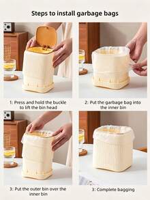 Mini Desktop Trash Can With Press-Type Lid, Faux Wood Grain Design, Home Waste Paper Bin, Includes 3 Rolls Of 60 Garbage Bags, Suitable For Coffee Table, Office, Living Room, Study, Bedroom Vanity - Multicolor - View 10