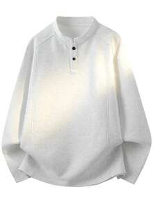 Blueprint Man 1pc Men's Light Gray Henley Collar Long Sleeve T-Shirt, Soft Knit Fabric, Skin-Friendly, 2-Button Henley Collar Design, Unique Layered Style, Solid Color Minimalist Casual, Suitable For Daily Commute And Outdoor Activities - Light Grey - View 5